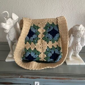 Handmade Crochet Shoulder Bag - Cream and Blue